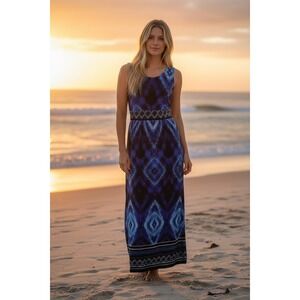 NEW W.Lane Maxi Dress Womens Size 8 Blue Diamond Print Summer Vacation Boho NWT